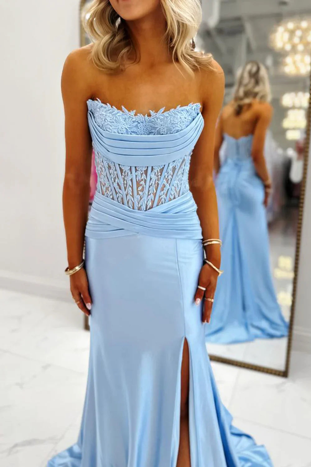 Light Blue Mermaid Strapless Lace-Up-Back High-Slit Prom Dress