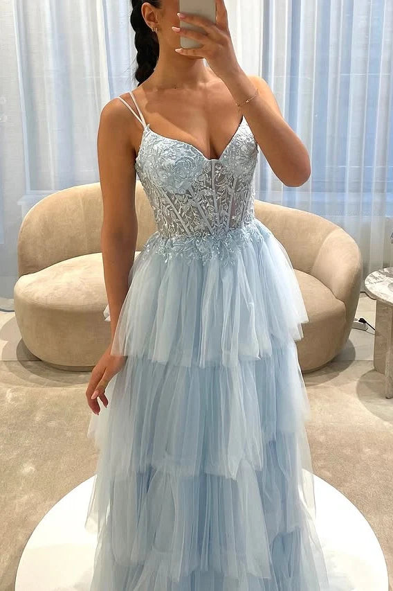 Light Blue Tiered Ball-Gown Sweetheart Spaghetti-Strap Prom Dress