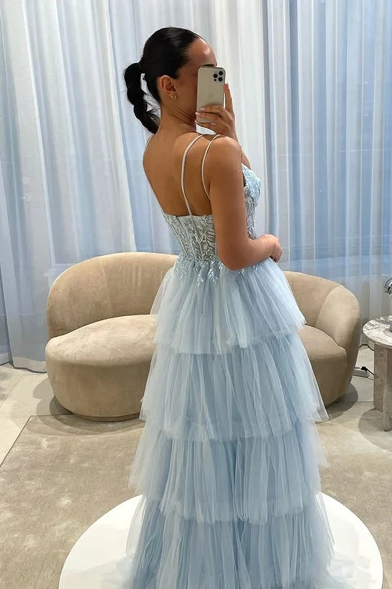 Light Blue Tiered Ball-Gown Sweetheart Spaghetti-Strap Prom Dress