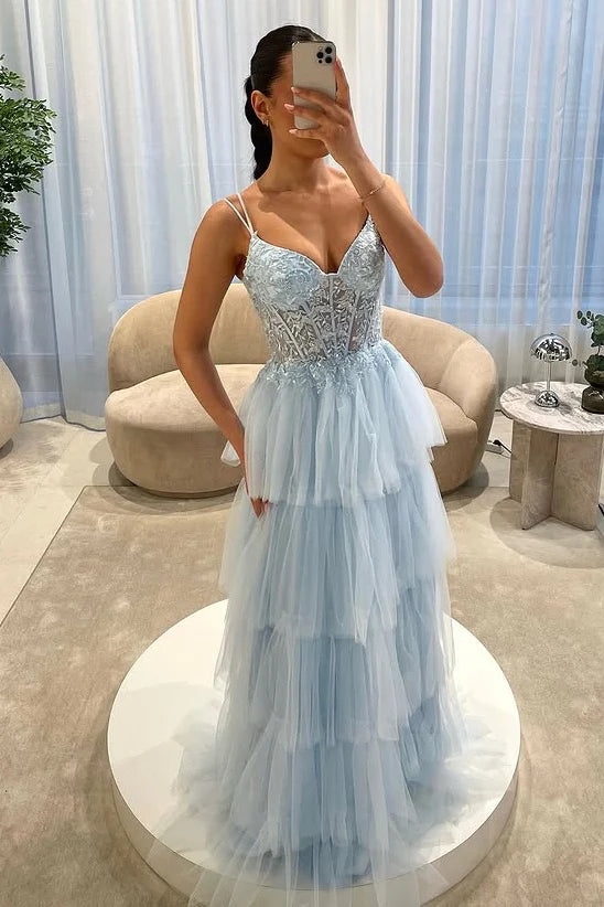Light Blue Tiered Ball-Gown Sweetheart Spaghetti-Strap Prom Dress
