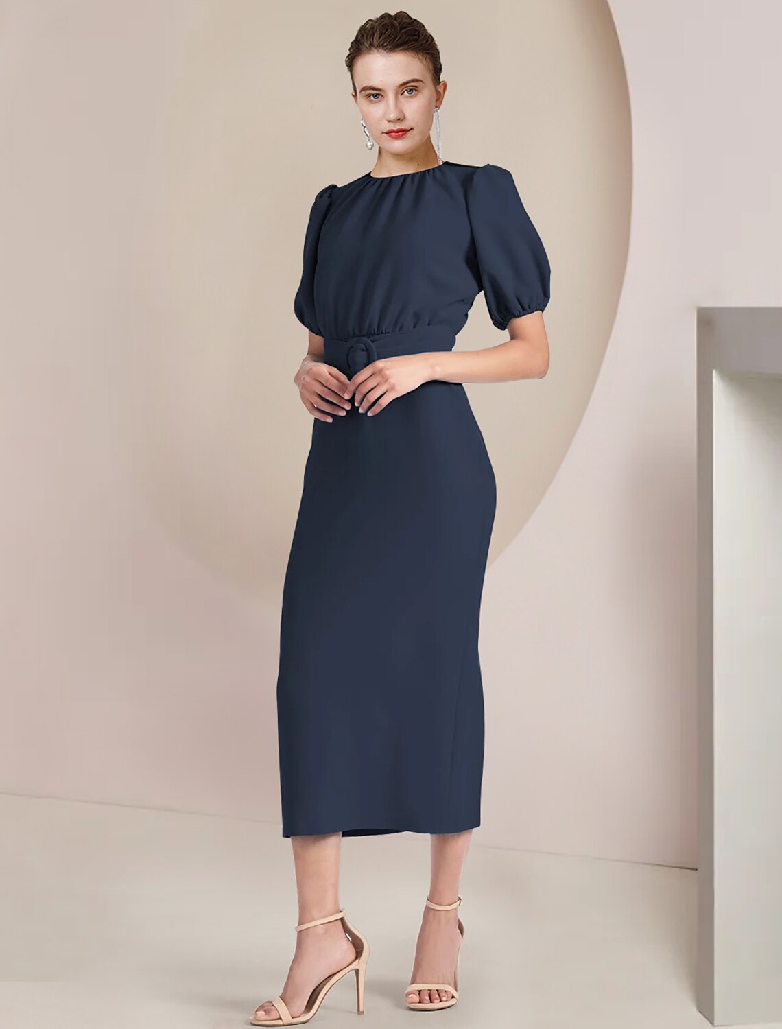 Etuikleid/Säulenkleid für die Mutter der Braut, formeller Hochzeitsgast, elegant, Rundhalsausschnitt, bodenlang, Stretch-Chiffon, kurze Ärmel, mit Schärpe/Band