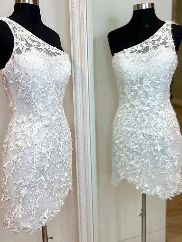 Robe de soirée courte/mini sans manches à une épaule avec appliques en dentelle moulante/droite