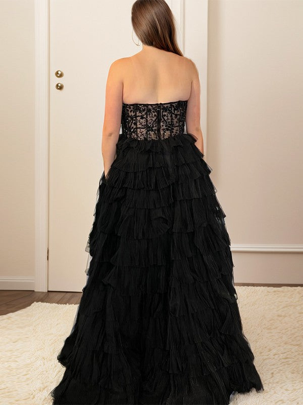 Edles A-förmiges Sweetheart-Kleid mit mehrlagigem Rüschensaum und bodenlangem, engem Korsettkleid aus dünner Gaze