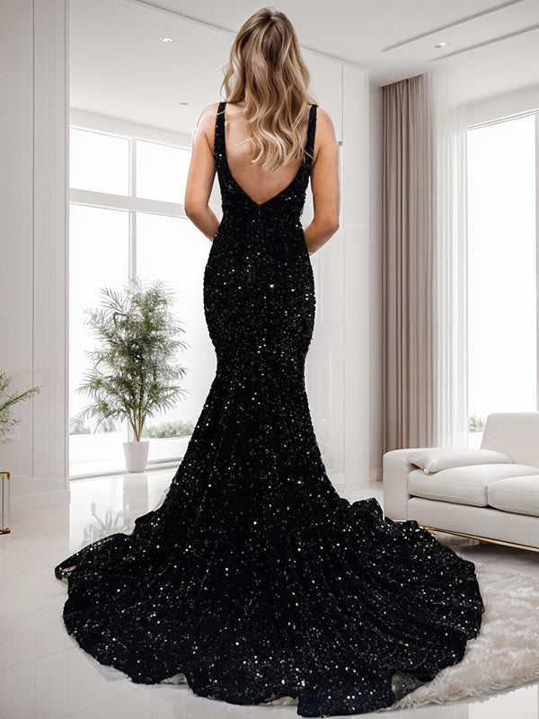 Edles Meerjungfrau V-Ausschnitt Pailletten Sweep Kleid mit Samtpailletten und bodenlanges Abendkleid