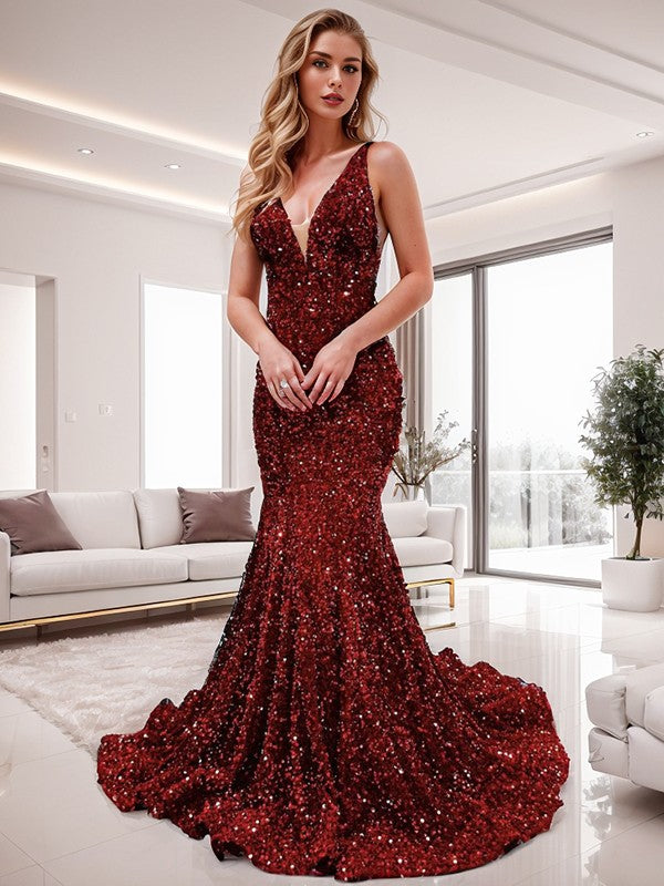 Edles Meerjungfrau V-Ausschnitt Pailletten Sweep Kleid mit Samtpailletten und bodenlanges Abendkleid