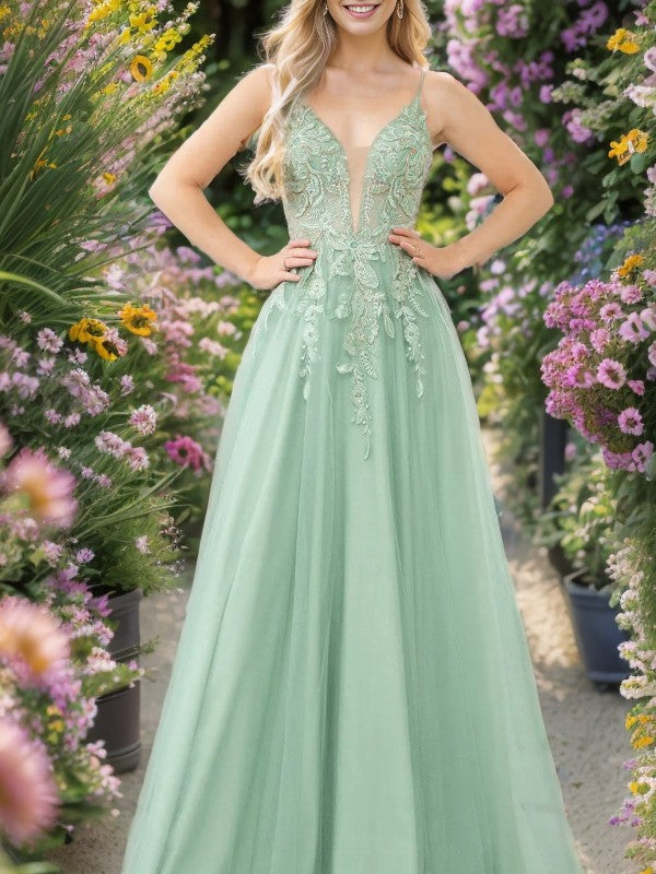 Robe de soirée élégante de forme trapèze/princesse, à col en V transparent, sans manches et longue au sol