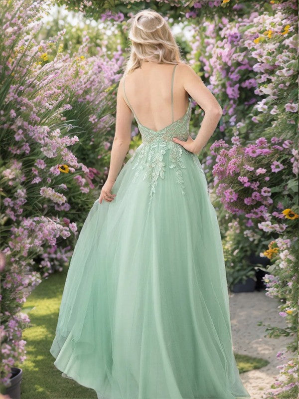 Robe de soirée élégante de forme trapèze/princesse, à col en V transparent, sans manches et longue au sol