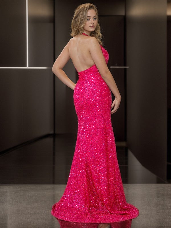 V-neck tight fitting corset hanging neck sleeveless off shoulder and floor length off back evening dress