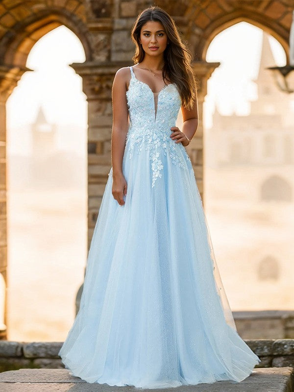 Edles himmelblaues A-Linien-Prinzessin-Ballkleid mit Tüllapplikationen, V-Ausschnitt, ärmellos, schulterfrei und bodenlang, mit freiem Rücken und Schleife