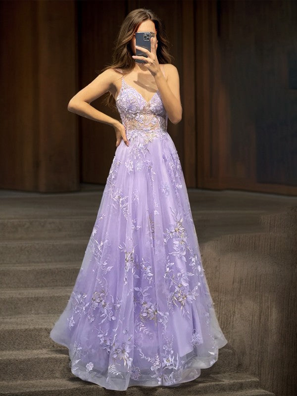 Sweet A-shaped princess sheer decal V-neck sleeveless off shoulder and floor length off back prom dress
