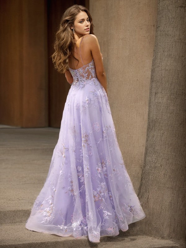 Sweet A-shaped princess sheer decal V-neck sleeveless off shoulder and floor length off back prom dress