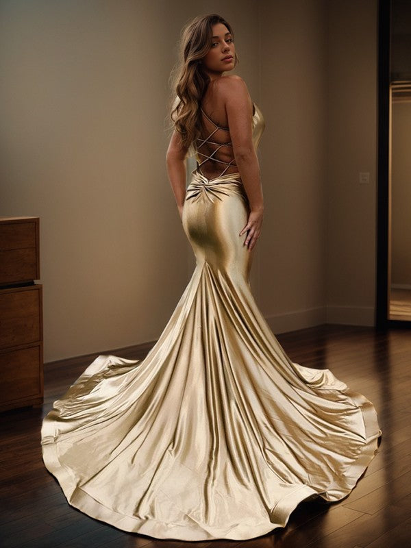 Robe de bal élégante, moulante, sans manches, à col en V et longue au sol