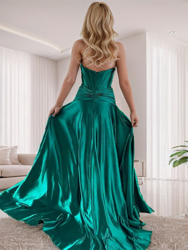Schlichtes A-förmiges/Prinzessinnen-Ballkleid aus gewebtem Satin mit Plissee, geradem, ärmellosem und bodenlangem Ballkleid mit Taillenband