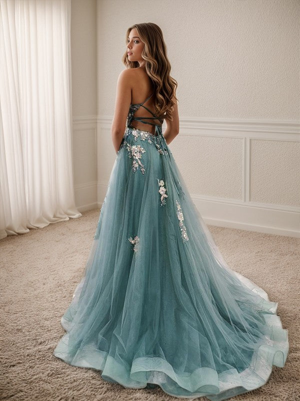 Sweet A-shaped princess chiffon sticker V-neck sleeveless thin shoulder strap and floor length prom dress