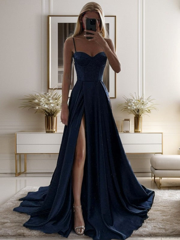 Magnifique robe de bal trapèze/princesse en satin tissé avec bordure à volants, fines bretelles, sans manches et longueur au sol, soutien-gorge moulant