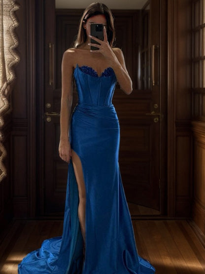 Elegant sheath/columnar  woven satin pleated sweetheart sleeveless and ground length waist tied prom dress