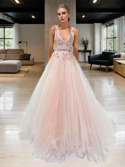 A-shaped V-neck applique lace and ground sheer dress