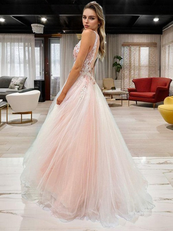 A-shaped V-neck applique lace and ground sheer dress