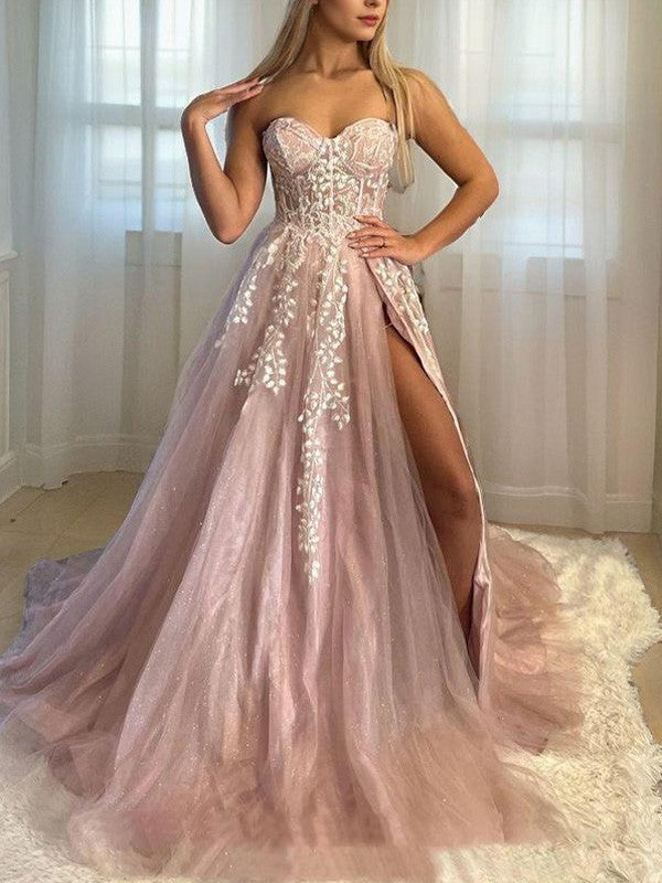 A-line Sweetheart Appliques Lace Sweep Skirt Off Shoulder Back sheer prom Dress
