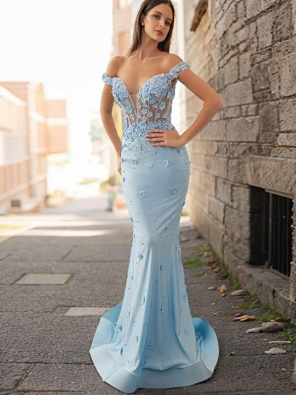 Meerjungfrau Himmelblaues Ballkleid mit Spitzenapplikationen, schulterfrei und bodenlang