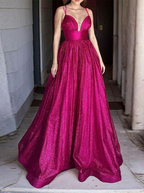 Robe de bal en forme de A à fines bretelles, sans manches et longue au sol