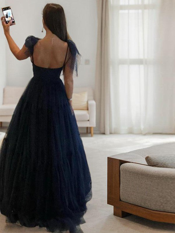 A-line thin shoulder strap bow and ground length sheer prom dress