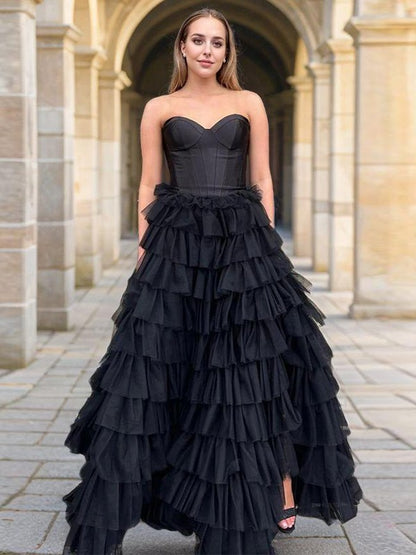 A-shaped Sweetheart Layered and Floor length sheer evening dress