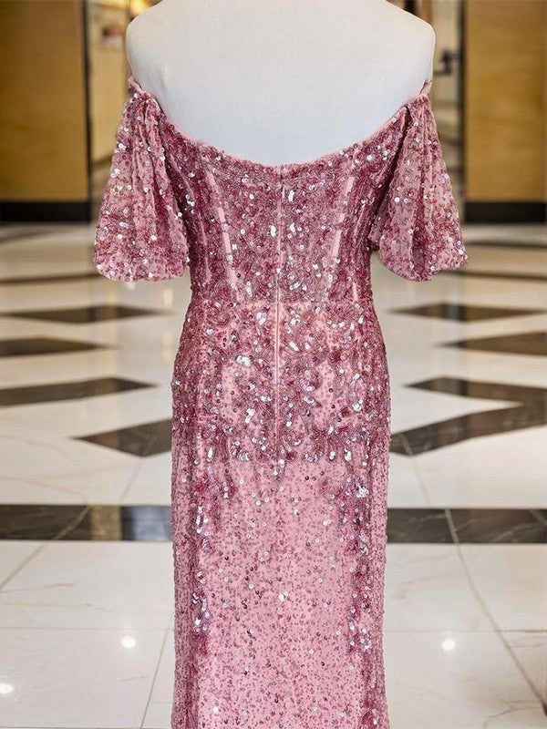 Enges, schulterfreies, kurzärmeliges, perlenbesetztes Korsett-Ballkleid