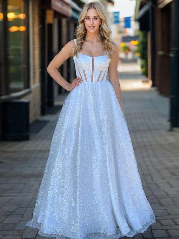 A-shaped shoulder strap sweep train tight fitting corset and floor length prom dress