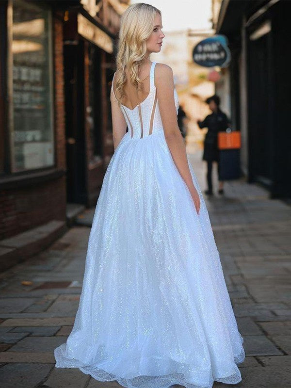A-shaped shoulder strap sweep train tight fitting corset and floor length prom dress