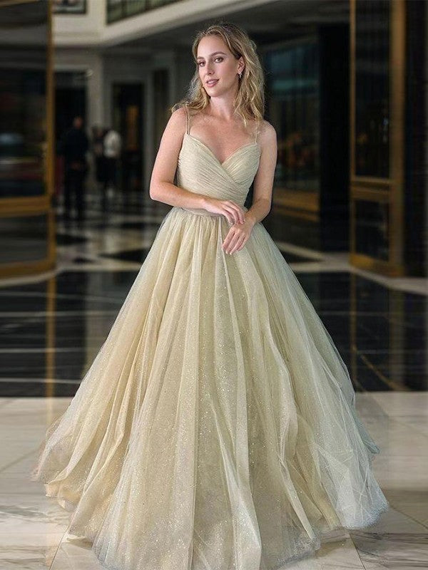 A-line V-neck pleated and floor length evening dress