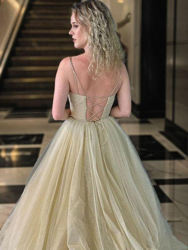 A-line V-neck pleated and floor length evening dress