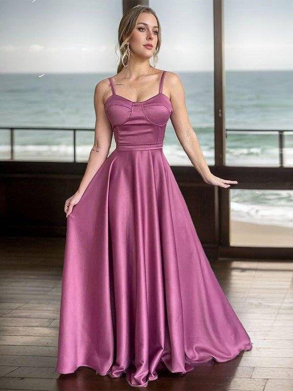 A-line thin shoulder strap sweep drag train  woven satin dress