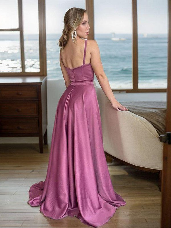 A-line thin shoulder strap  woven satin and floor length evening dress