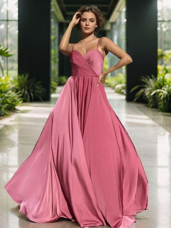 A-line fine shoulder strap pleated and ground  woven satin dress