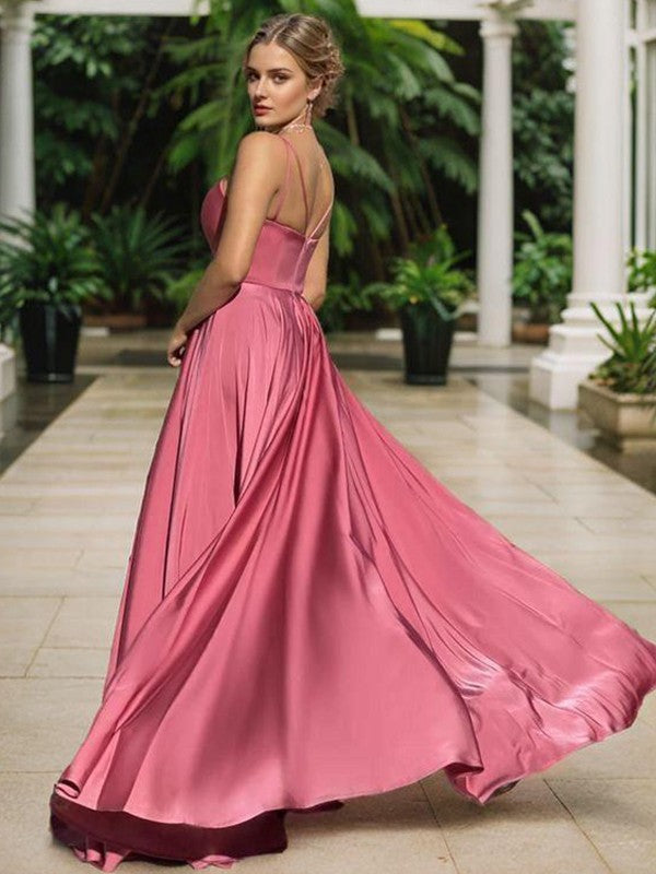 A-line fine shoulder strap pleated and ground  woven satin dress