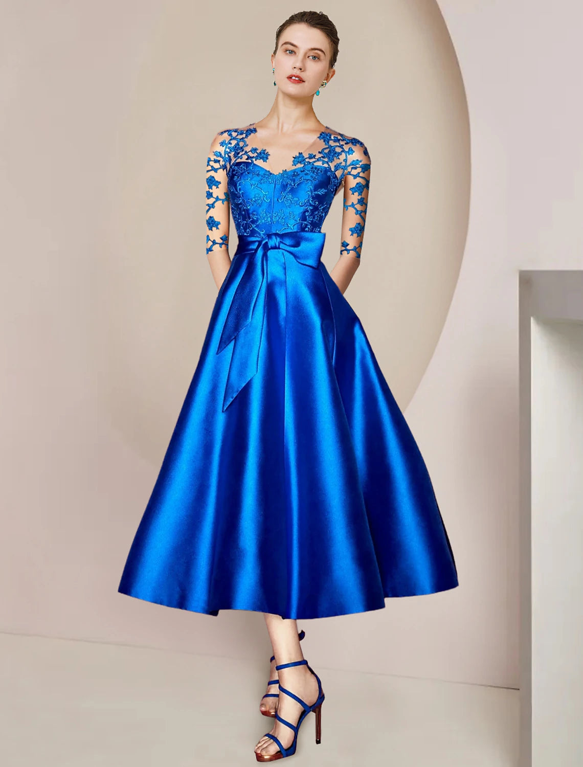 A-Linie Kleid für die Brautmutter, Hochzeitsgast, Party, elegant, V-Ausschnitt, knielang, Satin, Spitze, halbe Ärmel, mit Schleife(n), Falten, Applikationen