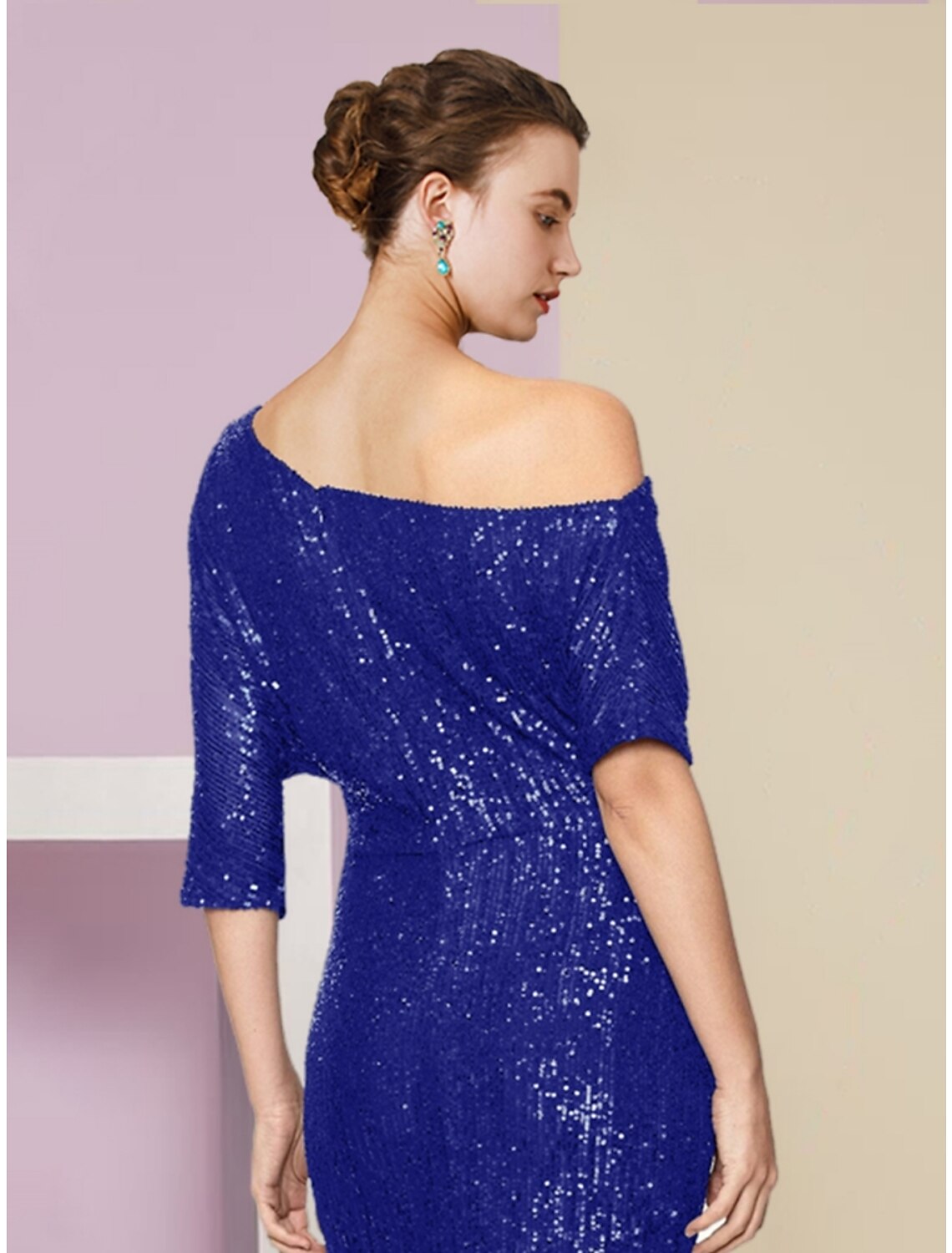Etuikleid/Säulenkleid für die Mutter der Braut, Hochzeitsgast, Sparkle &amp; Shine, elegant, schulterfrei, Sweep/Pinselzug, Pailletten, halbe Ärmel mit Paillettenrüschen, einfarbig