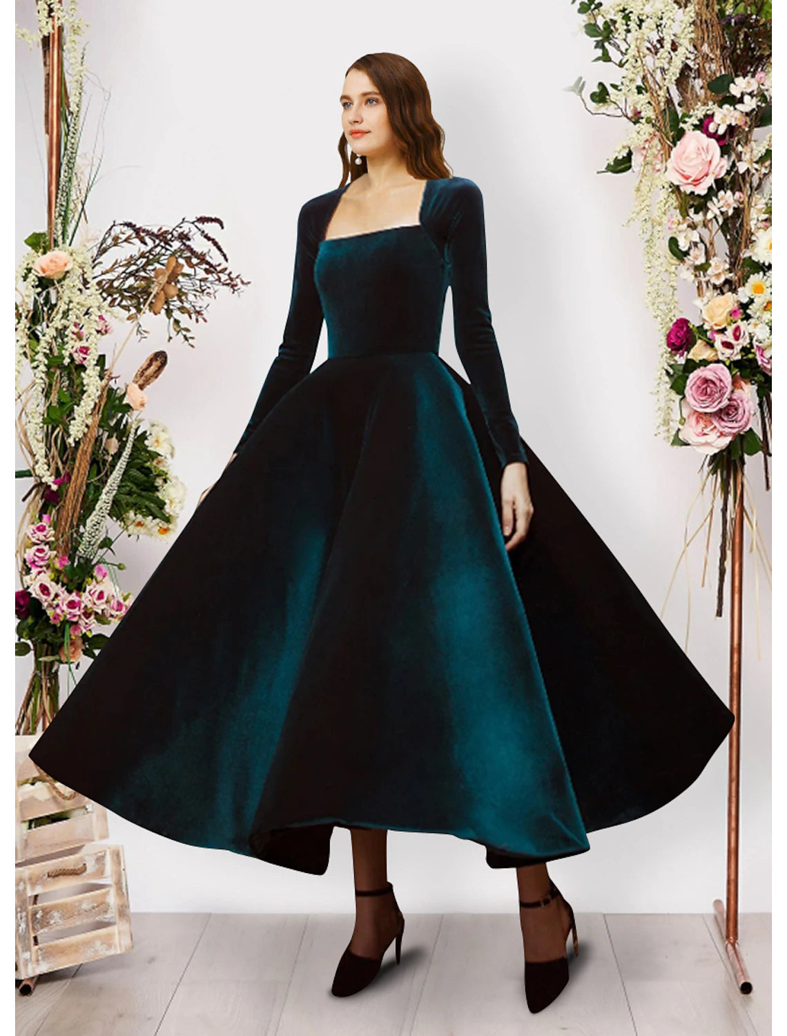 Robe de soirée vintage en velours, longueur cheville, manches longues, col carré, couleur unie