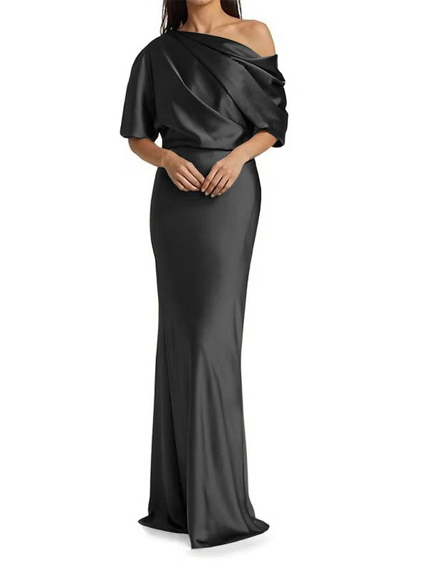 Tight fit/columnar  woven satin pleats on one shoulder 1/2 sleeves and floor length Mother of the bride dress