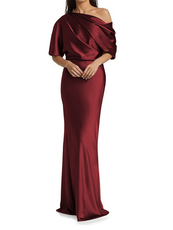 Tight fit/columnar  woven satin pleats on one shoulder 1/2 sleeves and floor length Mother of the bride dress