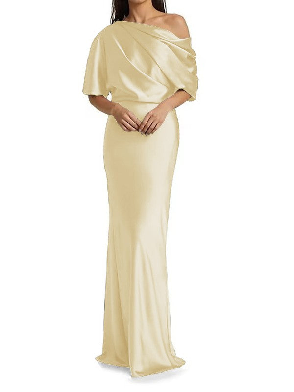 Tight fit/columnar  woven satin pleats on one shoulder 1/2 sleeves and floor length Mother of the bride dress