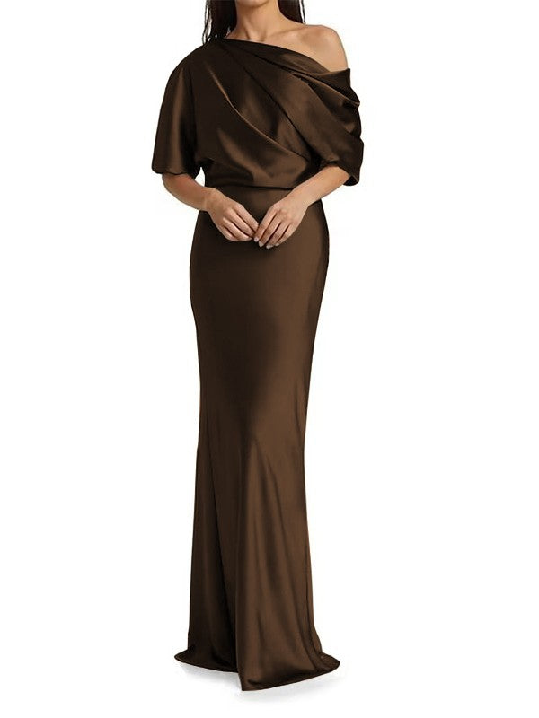 Tight fit/columnar  woven satin pleats on one shoulder 1/2 sleeves and floor length Mother of the bride dress