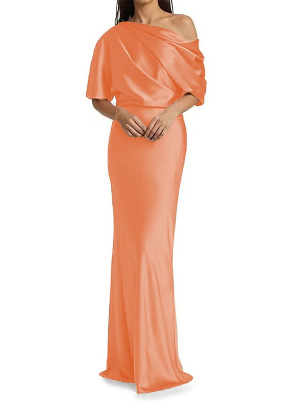 Tight fit/columnar  woven satin pleats on one shoulder 1/2 sleeves and floor length Mother of the bride dress