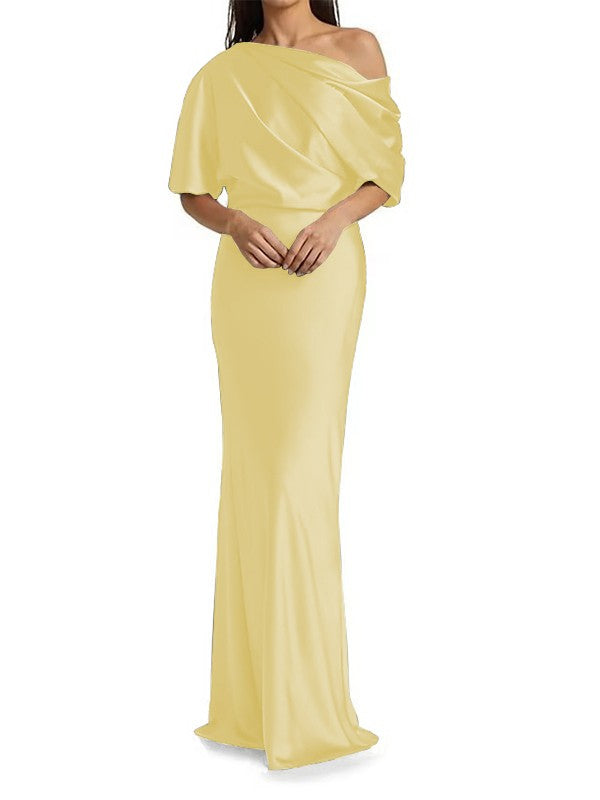 Tight fit/columnar  woven satin pleats on one shoulder 1/2 sleeves and floor length Mother of the bride dress