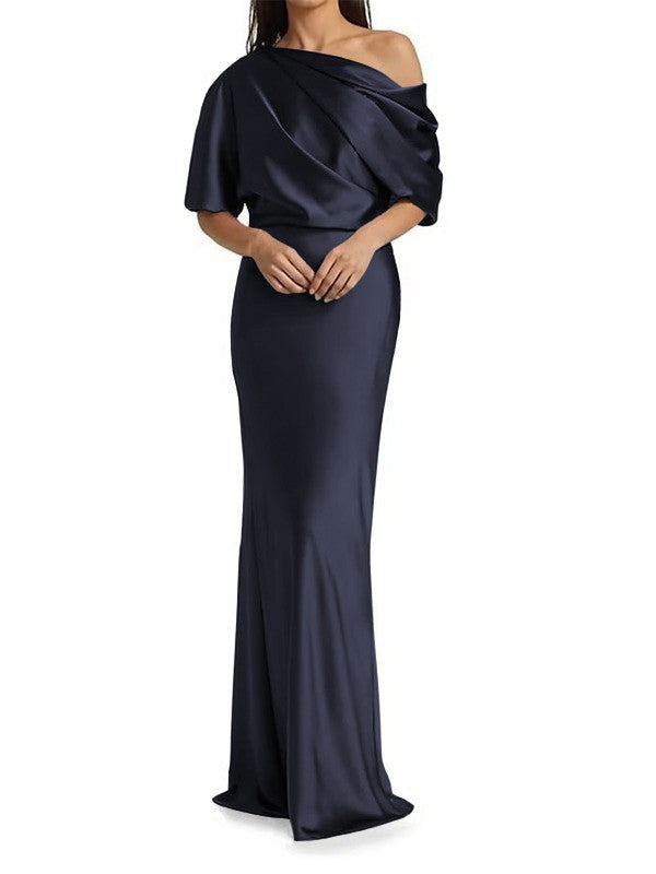 Tight fit/columnar  woven satin pleats on one shoulder 1/2 sleeves and floor length Mother of the bride dress