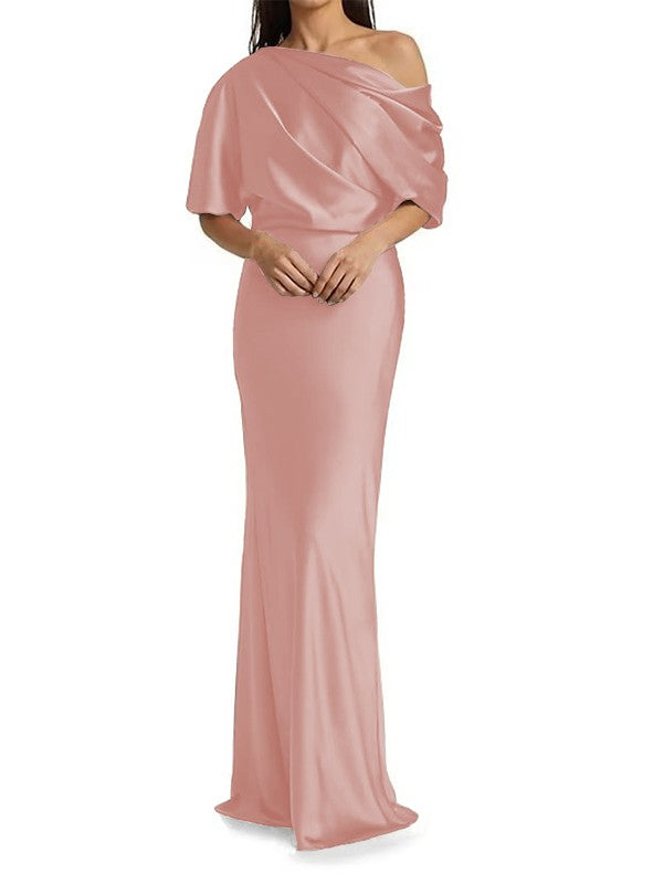 Tight fit/columnar  woven satin pleats on one shoulder 1/2 sleeves and floor length Mother of the bride dress