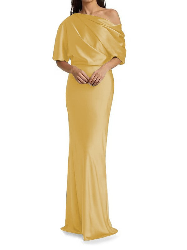 Tight fit/columnar  woven satin pleats on one shoulder 1/2 sleeves and floor length Mother of the bride dress