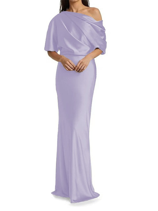Tight fit/columnar  woven satin pleats on one shoulder 1/2 sleeves and floor length Mother of the bride dress