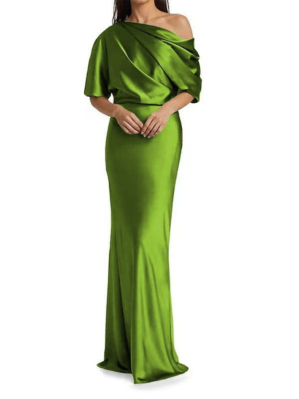 Tight fit/columnar  woven satin pleats on one shoulder 1/2 sleeves and floor length Mother of the bride dress